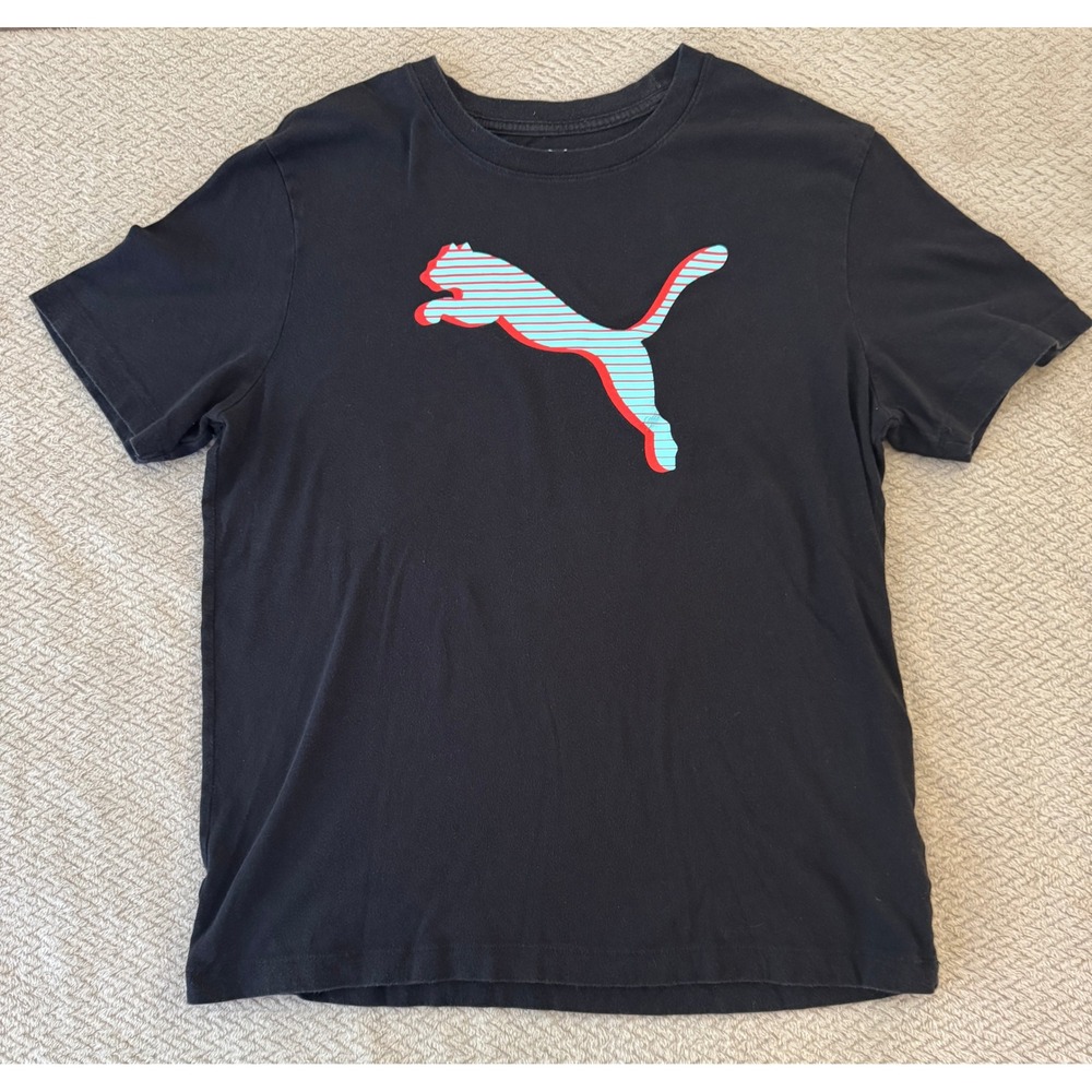 Puma Mens Graphic Tee Shirt Black Teal Red Striped Cat Logo Size Large